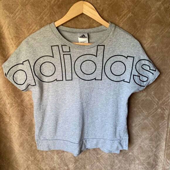 Adidas Juniors Large Grey Graphic Crop Top Short Sleeve Logo T-shirt Crew Neck - Picture 1 of 11